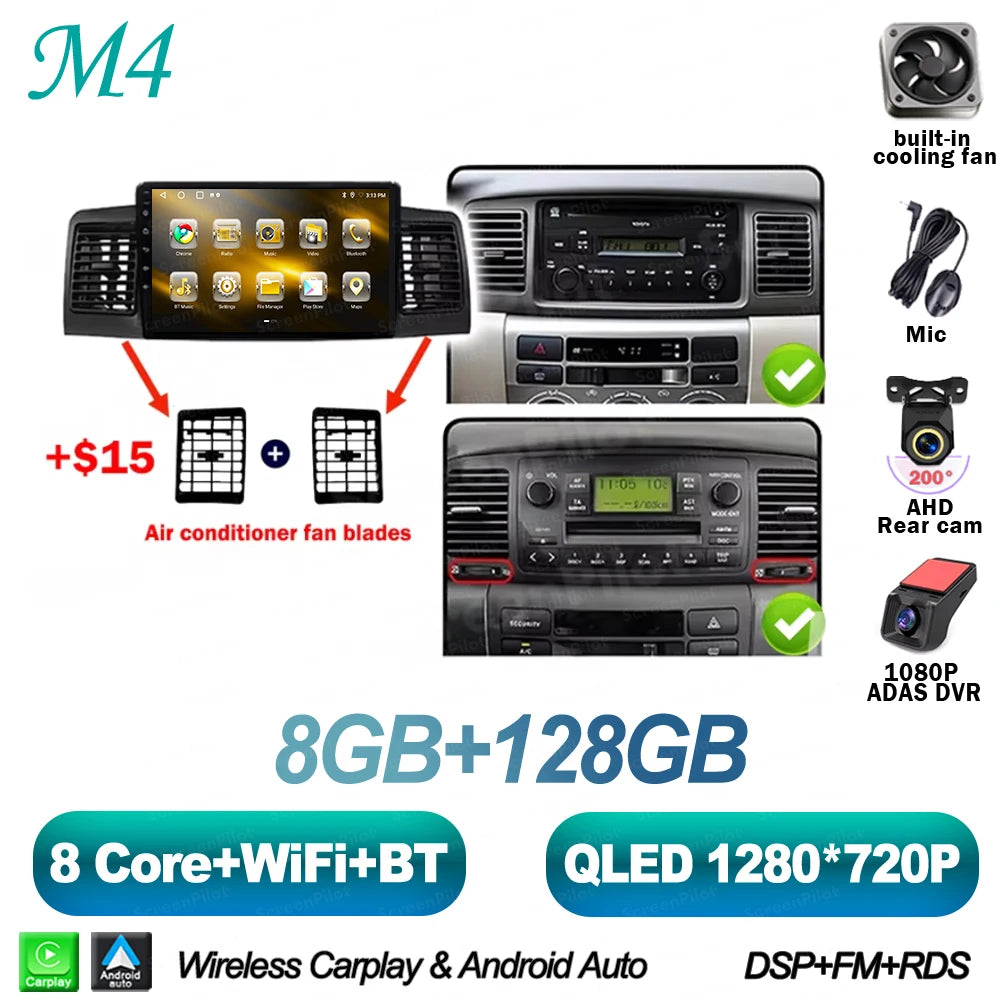 For Toyota Corolla E130 E120 2000-2006 Android 16 Multimedia Video Player  Carplay Touch Screen RDS 8 Core 5G Bluetooth 2din DSP