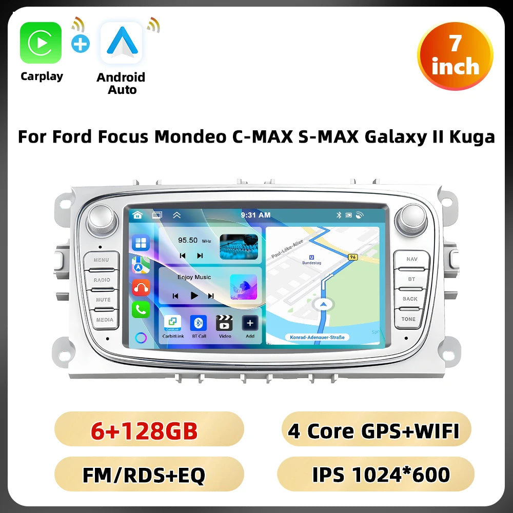 Podofo 7 ''Android Multimedia Player for Ford Focus Mondeo C-MAX S-MAX Galaxy II Kuga GPS Navigation 2 + 64G Carplay Android Auto