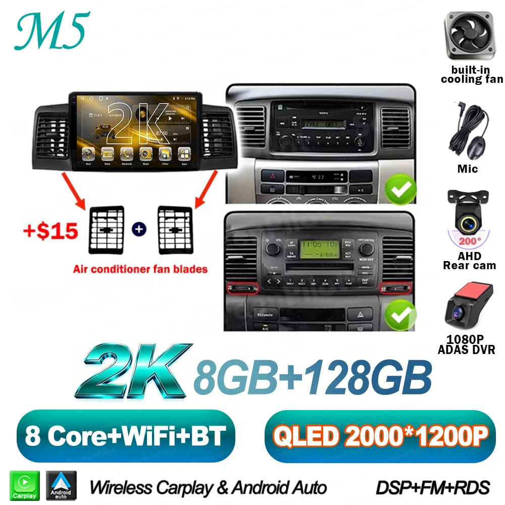 For Toyota Corolla E130 E120 2000-2006 Android 16 Multimedia Video Player  Carplay Touch Screen RDS 8 Core 5G Bluetooth 2din DSP