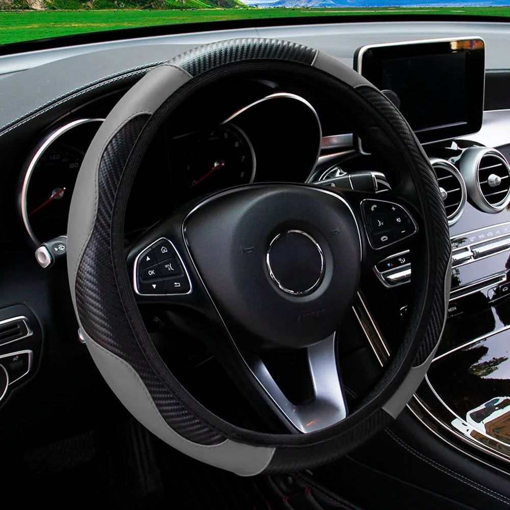 PU carbon fiber leather no inner ring car steering wheel cover is suitable for 14.5 - 15 inch car decoration items.