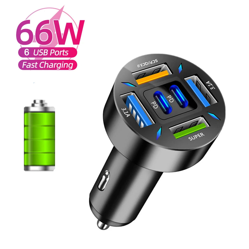 66W Car Charger USB Type C Fast Charging Mobile Phone Charger Adapter For iPhone 14 Pro Max Xiaomi Samsung Huawei Car Charger