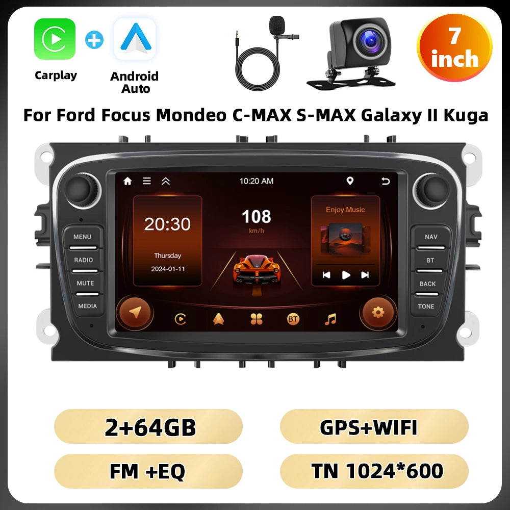 Podofo 7 ''Android Multimedia Player for Ford Focus Mondeo C-MAX S-MAX Galaxy II Kuga GPS Navigation 2 + 64G Carplay Android Auto