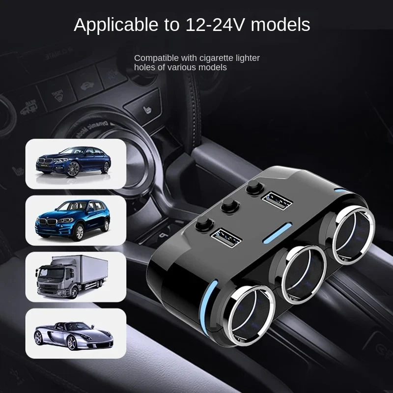 12V-24V Car Cigarette Lighter Socket Splitter Plug LED USB Charger Plug Adapter Port 3 Way Car Charger With Extension Cable