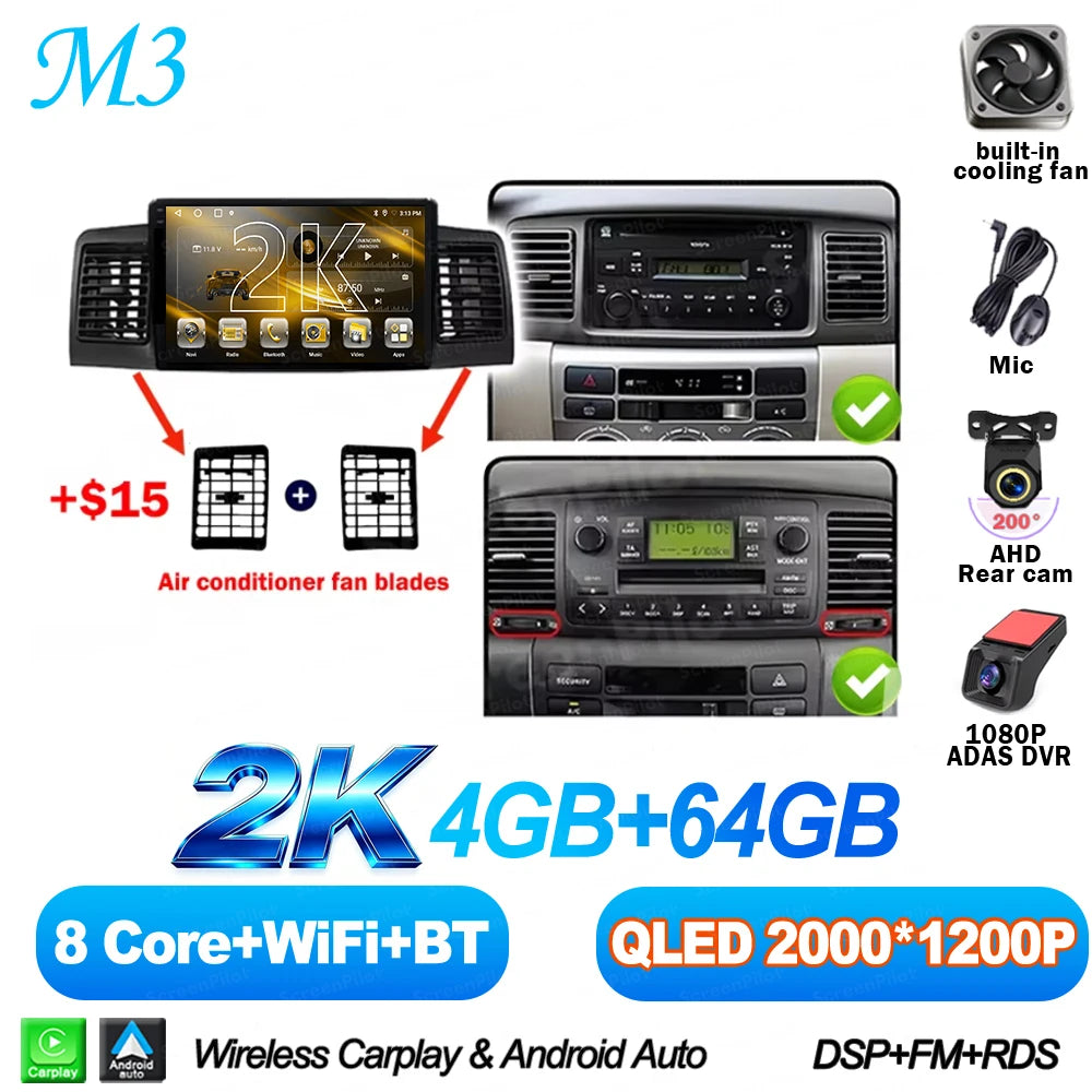 For Toyota Corolla E130 E120 2000-2006 Android 16 Multimedia Video Player  Carplay Touch Screen RDS 8 Core 5G Bluetooth 2din DSP