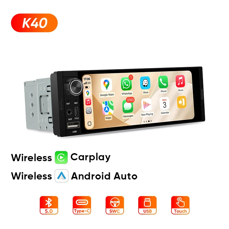 Ainavi K40 K50 Universal 1 Din 6.36 inch Car Radio MP5 IPS Touch Screen Wireless HD 1280*480 Carplay Android Auto Car Multimedia Rear Camera MIC USB BT 5.0 Type C Bluetooth phone Bluetooth music