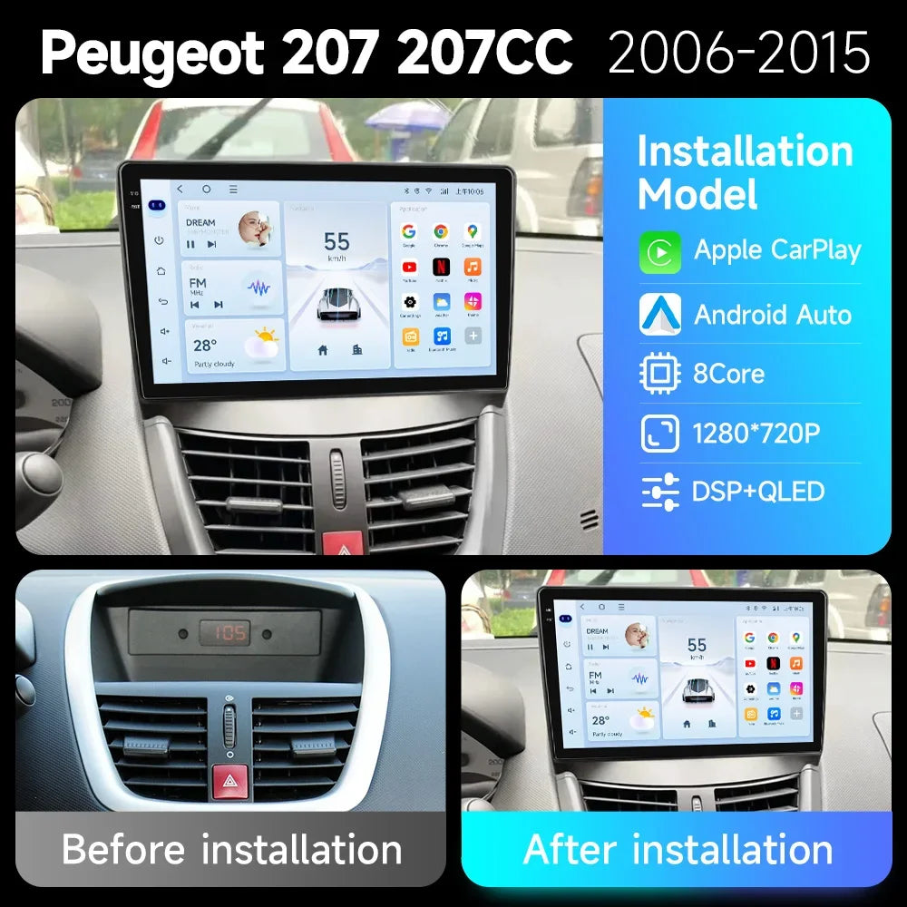 JIUYIN Wireless CarPlay Autoradio for PEUGEOT 207 207CC 2006-2015 Car Radio Multimedia Player Android 13 Auto Stereo GPS