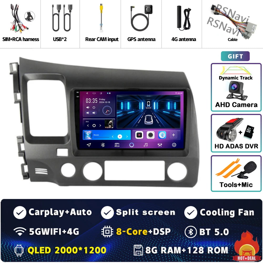 Android 16 For Honda Civic 8 FK FN FD 2005 - 2012 2K QLED Android Car Radio Multimedia Video Player GPS 4G CarPlay Stereo