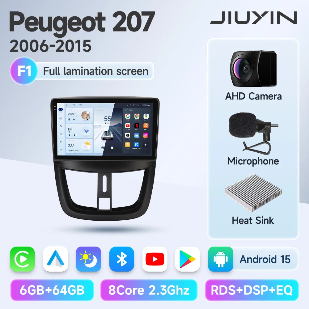 JIUYIN Wireless CarPlay Autoradio for PEUGEOT 207 207CC 2006-2015 Car Radio Multimedia Player Android 13 Auto Stereo GPS