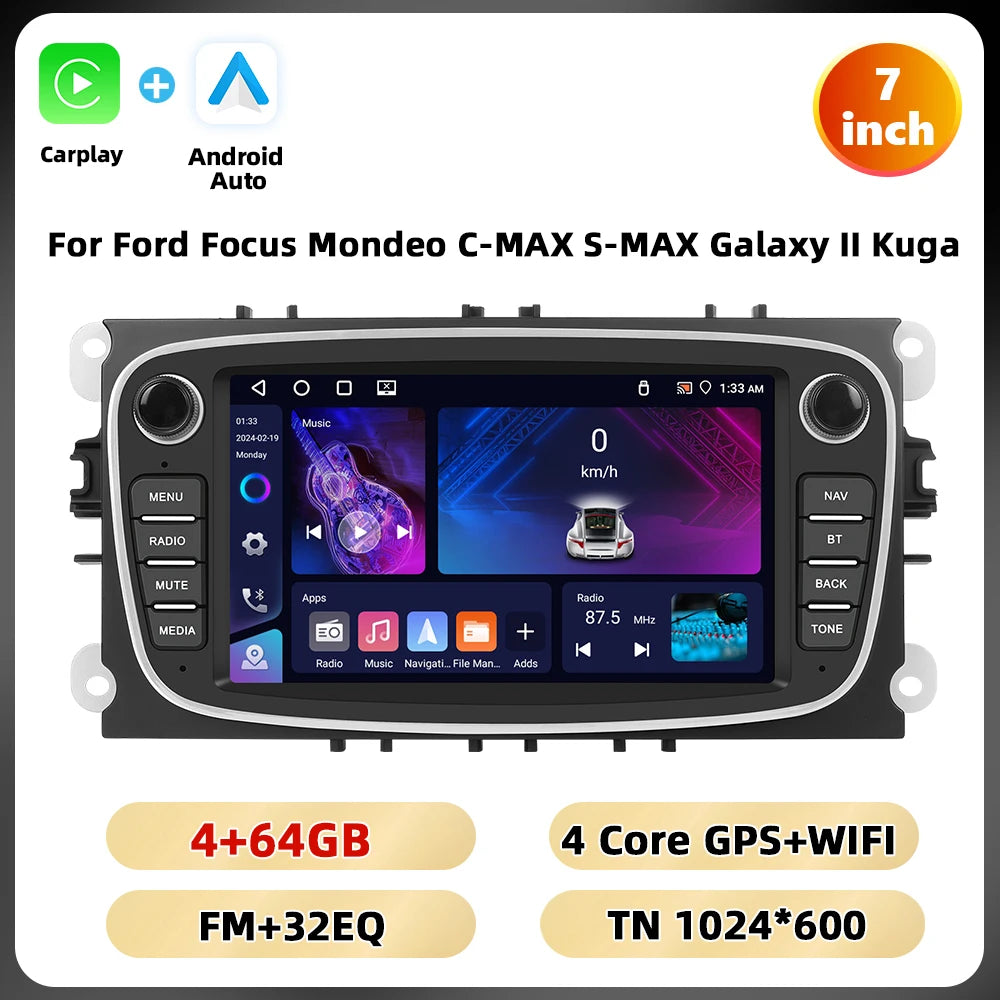 Podofo 7 ''Android Multimedia Player for Ford Focus Mondeo C-MAX S-MAX Galaxy II Kuga GPS Navigation 2 + 64G Carplay Android Auto