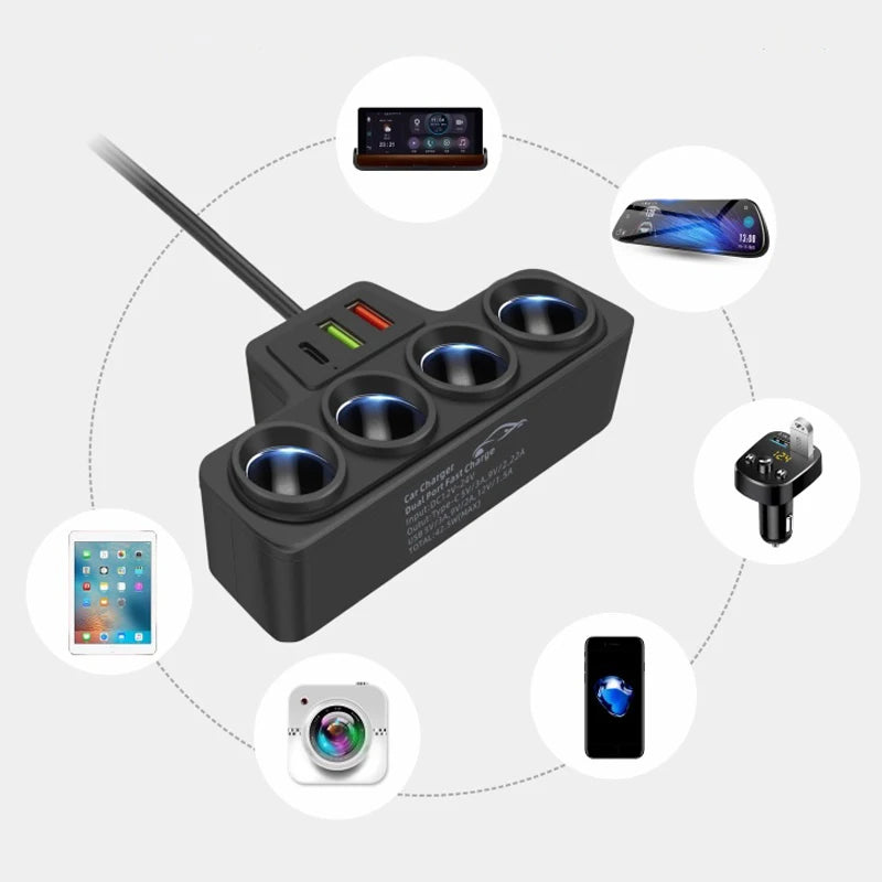 120W Car Charger Cigarette Lighter Splitter QC3.0 PD USB C 66W Fast Charging Port Quad Socket with Cable 12V 24V Vehicle Adapter