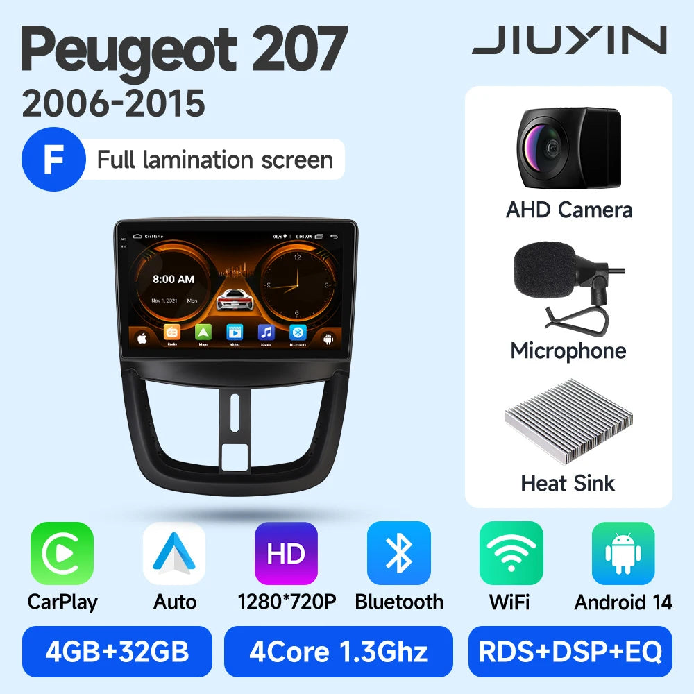 JIUYIN Wireless CarPlay Autoradio for PEUGEOT 207 207CC 2006-2015 Car Radio Multimedia Player Android 13 Auto Stereo GPS