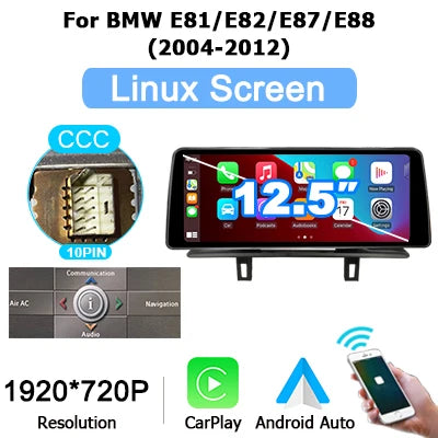 12.5" linux Screen Car Radio For BMW E81 E82 E87 E88 2005-2012 with Carplay Android Auto Bluetooth autolink airplay 2 DIN GPS 4G
