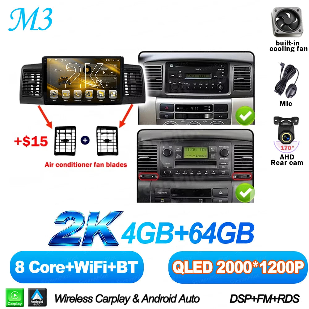 For Toyota Corolla E130 E120 2000-2006 Android 16 Multimedia Video Player  Carplay Touch Screen RDS 8 Core 5G Bluetooth 2din DSP