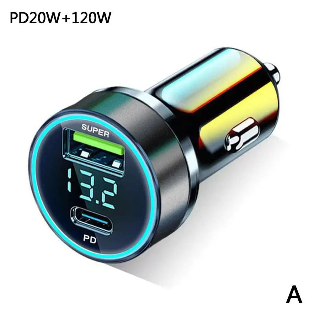 Car Charger Dual USB Ports 120W+PD20W Super Fast Charging With Digital Display Quick Charging Adapter For IPhone Samsung Xiaomi