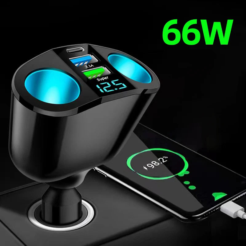 Car Charger 66W Cigarette Lighter Splitter Type C QC3.0 USB Dual Socket Fast Charging Port LED Display 12V 24V Vehicle Adapter