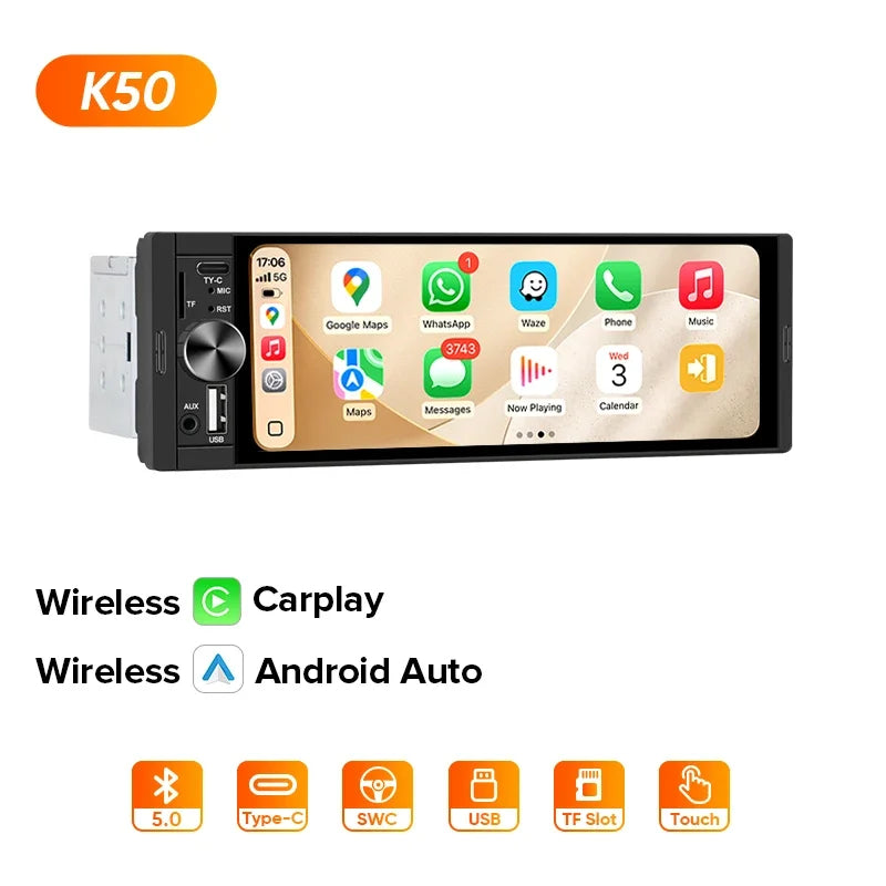 Ainavi K40 K50 Universal 1 Din 6.36 inch Car Radio MP5 IPS Touch Screen Wireless HD 1280*480 Carplay Android Auto Car Multimedia Rear Camera MIC USB BT 5.0 Type C Bluetooth phone Bluetooth music