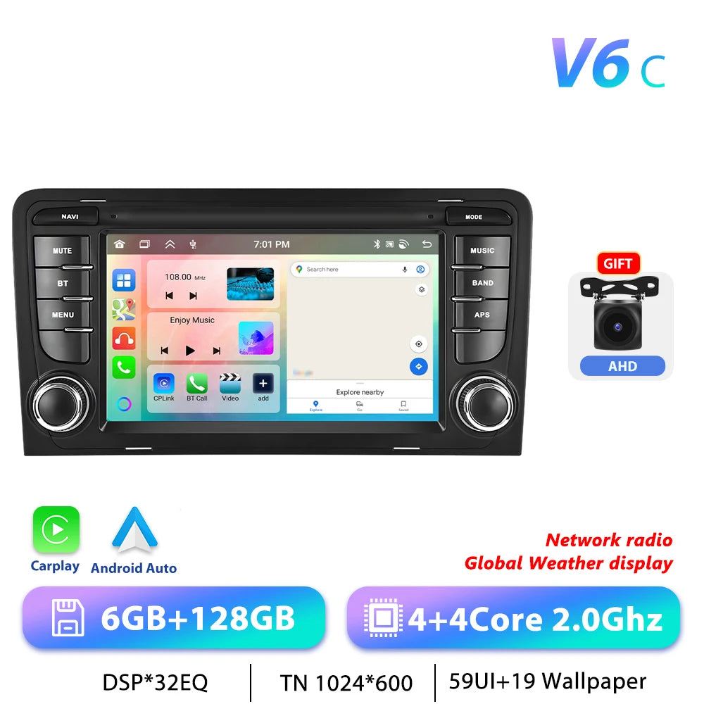 Podofo CarPlay Android Radio For Audi A3 8P 2003-2012 Car Intelligent System 2din GPS Stereo Multimedia Player RDS FM Car Radio