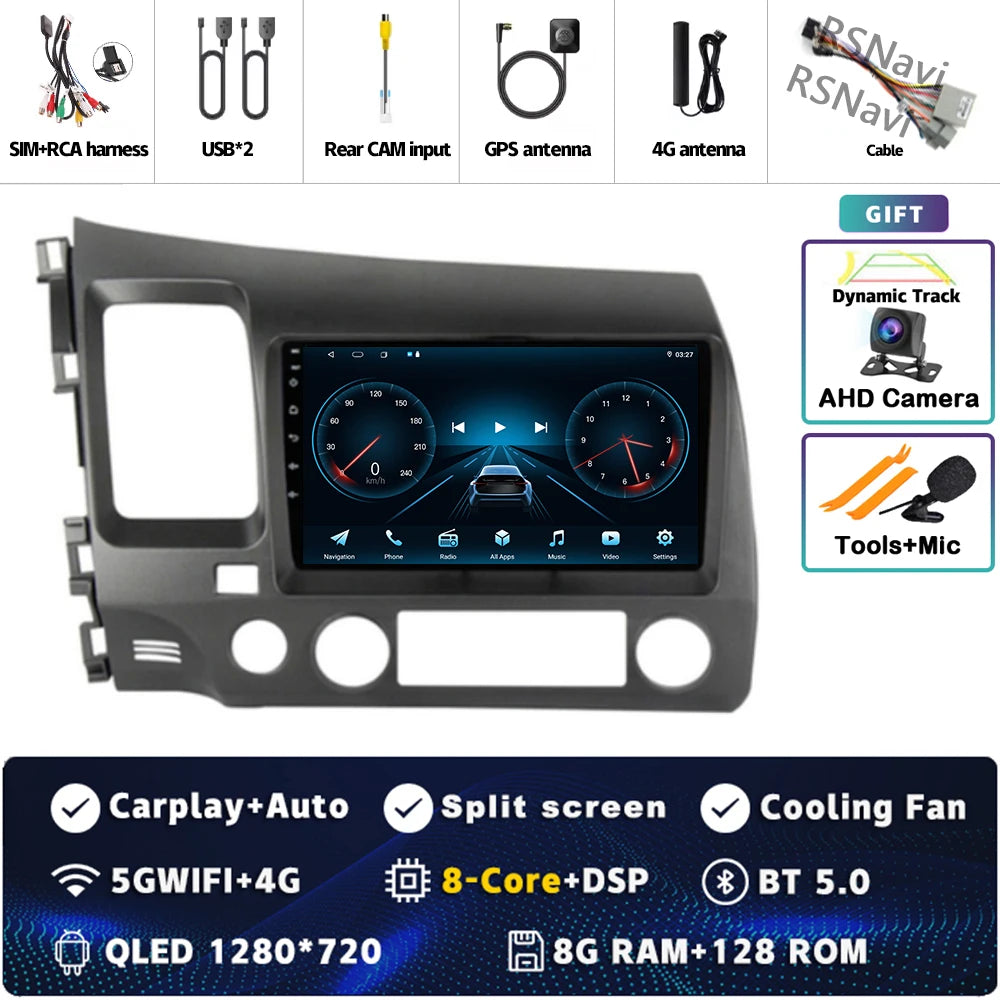 Android 16 For Honda Civic 8 FK FN FD 2005 - 2012 2K QLED Android Car Radio Multimedia Video Player GPS 4G CarPlay Stereo