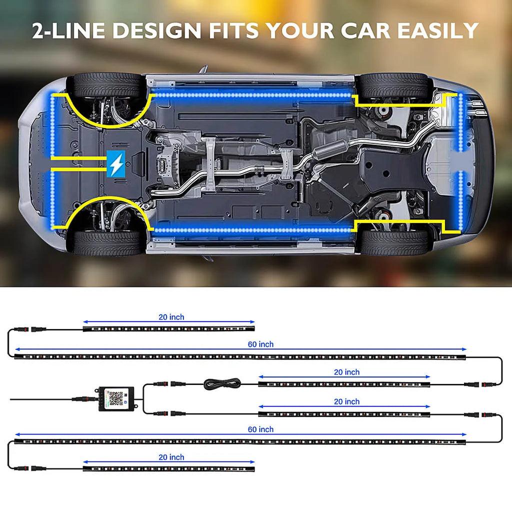 6PCS Flowing Color RGB LED Strip Under Car Neon Light 60*150 90*180 BT App Control Car Products