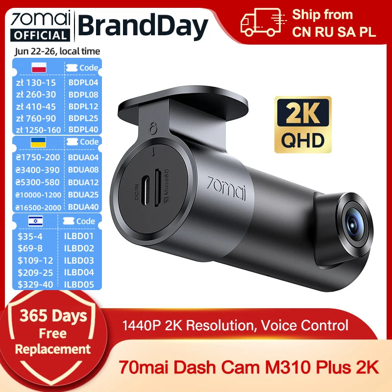 70mai Dash Cam M310 Plus 2K English Voice Control 1440P WDR Night Vision 24H Parking Surveillance 70mai M310 2K Car DVR Wi-Fi 6