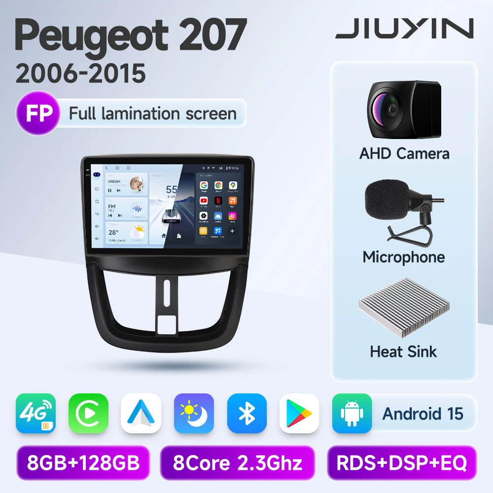 JIUYIN Wireless CarPlay Autoradio for PEUGEOT 207 207CC 2006-2015 Car Radio Multimedia Player Android 13 Auto Stereo GPS