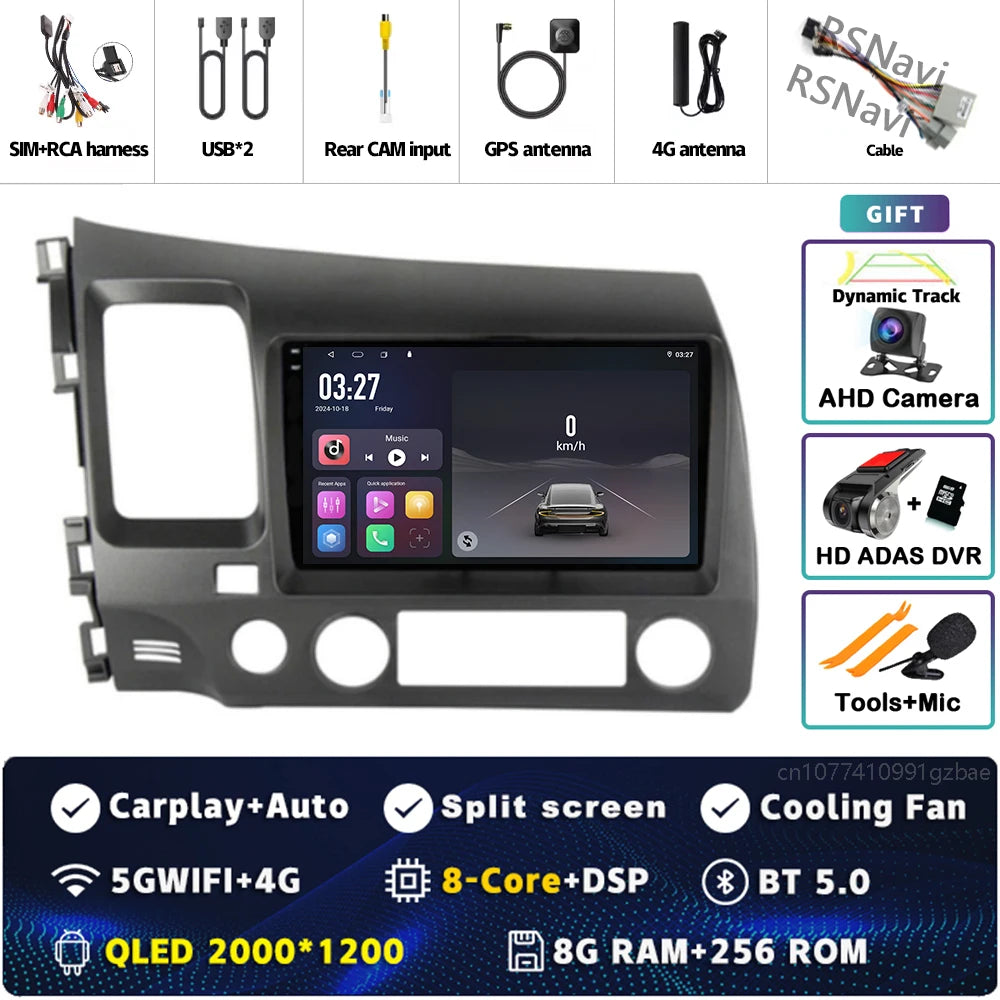Android 16 For Honda Civic 8 FK FN FD 2005 - 2012 2K QLED Android Car Radio Multimedia Video Player GPS 4G CarPlay Stereo