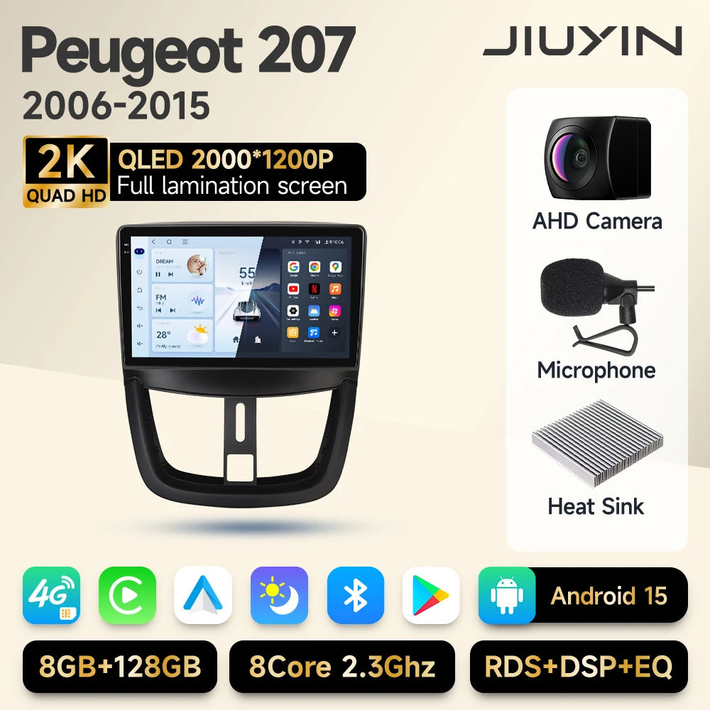 JIUYIN Wireless CarPlay Autoradio for PEUGEOT 207 207CC 2006-2015 Car Radio Multimedia Player Android 13 Auto Stereo GPS