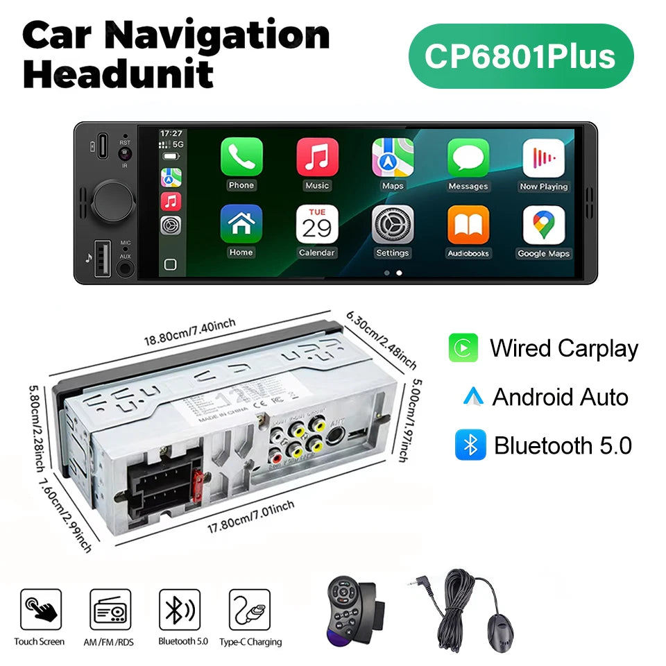 1DIN 6.86inch Universal MP5 Car Radio Support Wireless Carplay Android AUTO AUX USB BT Touch Screen Multimedia Video Player