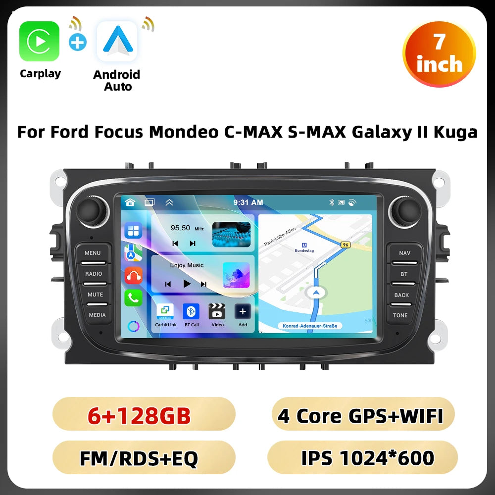 Podofo 7 ''Android Multimedia Player for Ford Focus Mondeo C-MAX S-MAX Galaxy II Kuga GPS Navigation 2 + 64G Carplay Android Auto