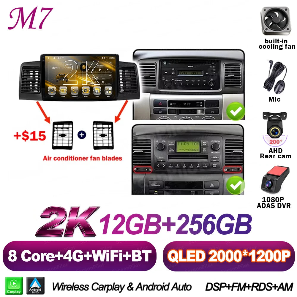 For Toyota Corolla E130 E120 2000-2006 Android 16 Multimedia Video Player  Carplay Touch Screen RDS 8 Core 5G Bluetooth 2din DSP
