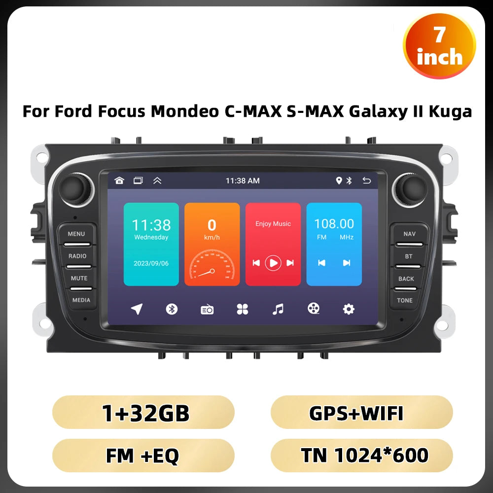 Podofo 7 ''Android Multimedia Player for Ford Focus Mondeo C-MAX S-MAX Galaxy II Kuga GPS Navigation 2 + 64G Carplay Android Auto
