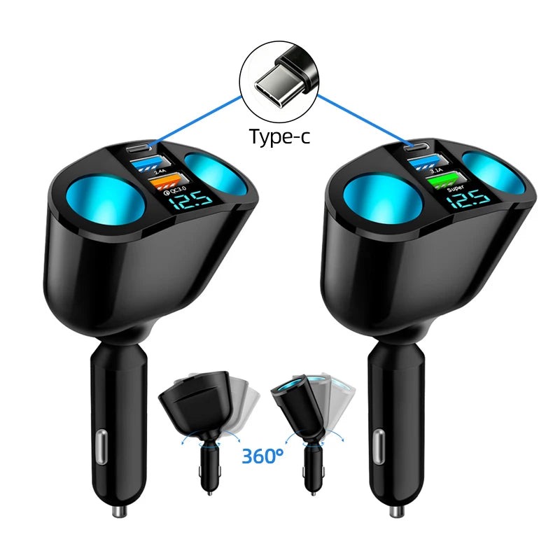 Car Charger 66W Cigarette Lighter Splitter Type C QC3.0 USB Dual Socket Fast Charging Port LED Display 12V 24V Vehicle Adapter
