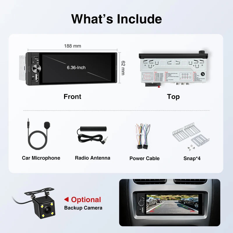Ainavi K40 K50 Universal 1 Din 6.36 inch Car Radio MP5 IPS Touch Screen Wireless HD 1280*480 Carplay Android Auto Car Multimedia Rear Camera MIC USB BT 5.0 Type C Bluetooth phone Bluetooth music