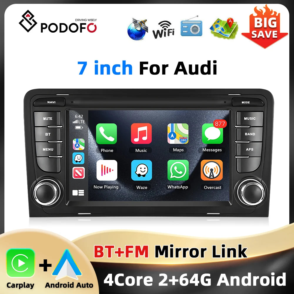 Podofo 2+64G 7'' Car Radio For Audi A3 8P 2003-2012 Multimedia Player GPS Navigation WIFI Carplay Android Auto EQ RDS Car Stereo