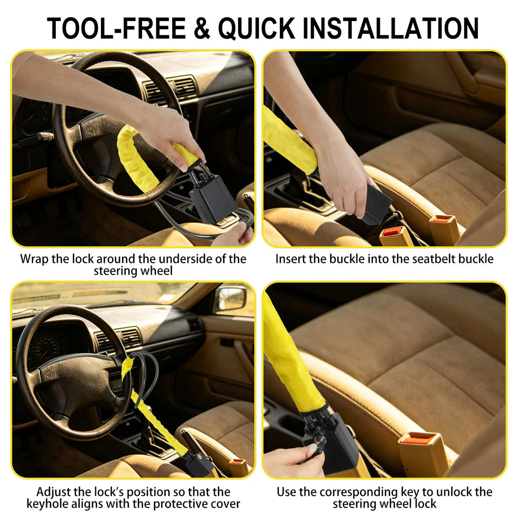 Anti Theft Car Steering Wheel Lock Braided Steel Cable Seatbelt Locks Heavy Duty Anti Pick Cylinder Security with 2 Keys