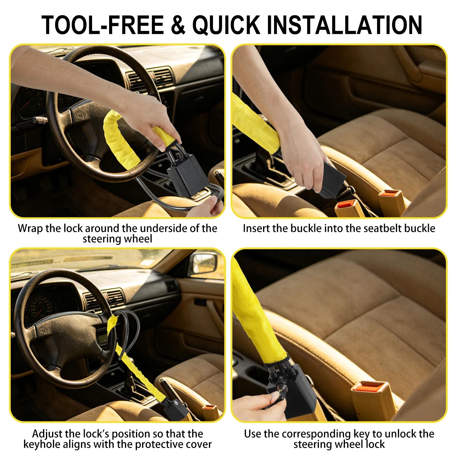 Anti Theft Car Steering Wheel Lock Braided Steel Cable Seatbelt Locks Heavy Duty Anti Pick Cylinder Security with 2 Keys