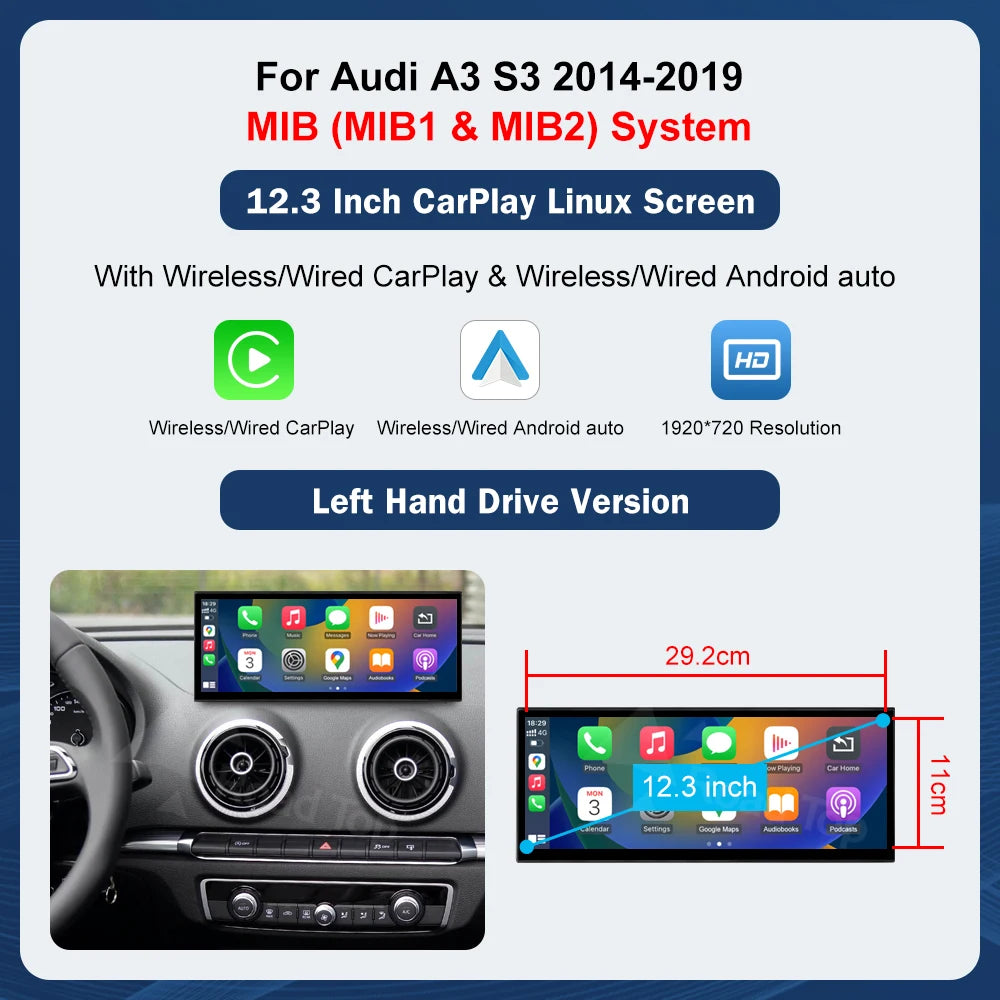 12.3 inch Touch Screen Multimedia Display For Audi A3 2014-2019 Airplay Miracast Function Wireless Carplay Android Auto