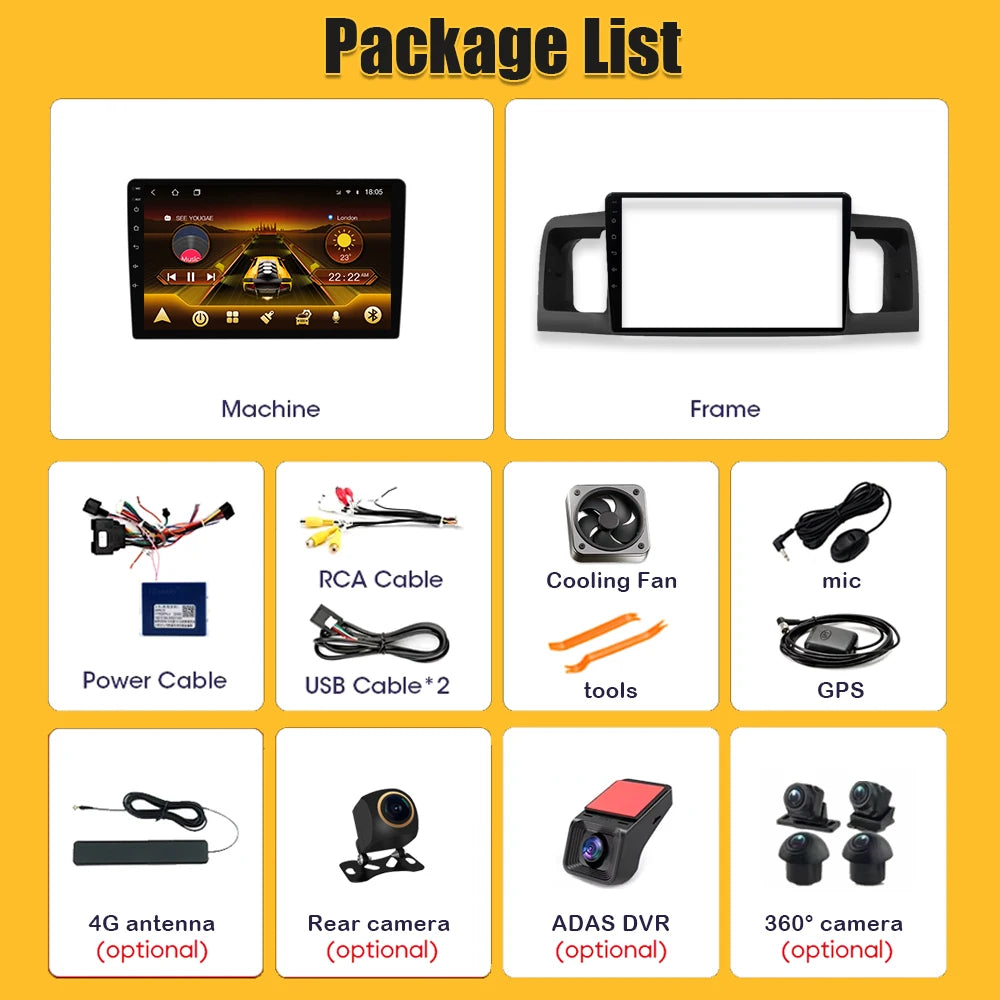 For Toyota Corolla E130 E120 2000-2006 Android 16 Multimedia Video Player  Carplay Touch Screen RDS 8 Core 5G Bluetooth 2din DSP