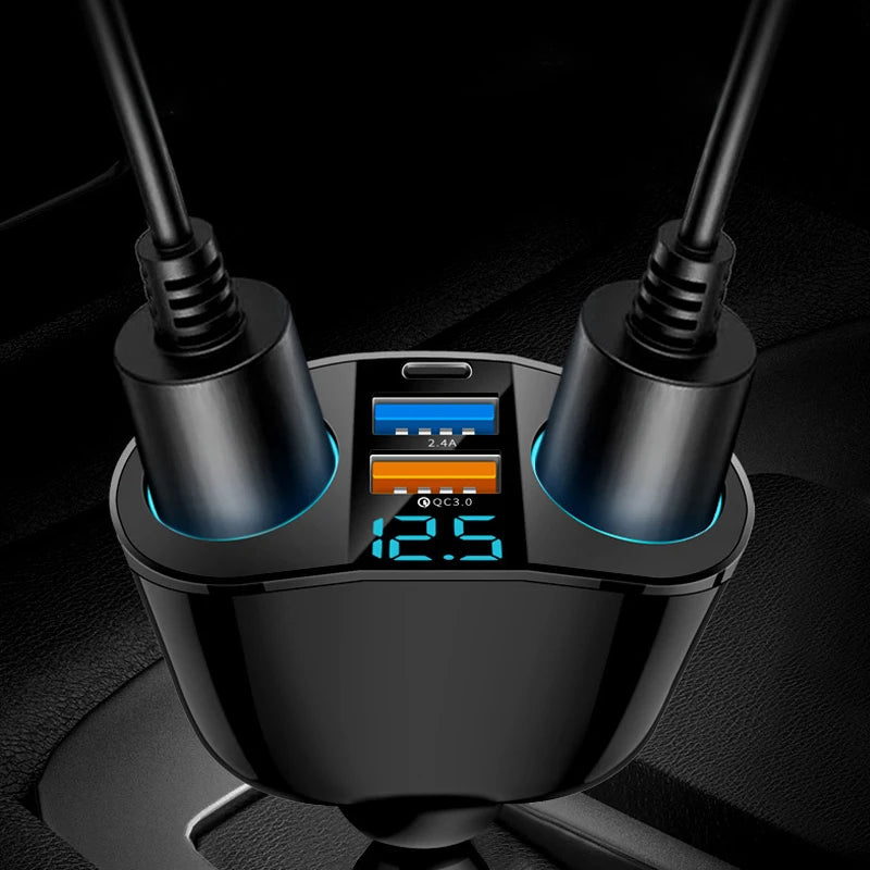 Car Charger 66W Cigarette Lighter Splitter Type C QC3.0 USB Dual Socket Fast Charging Port LED Display 12V 24V Vehicle Adapter