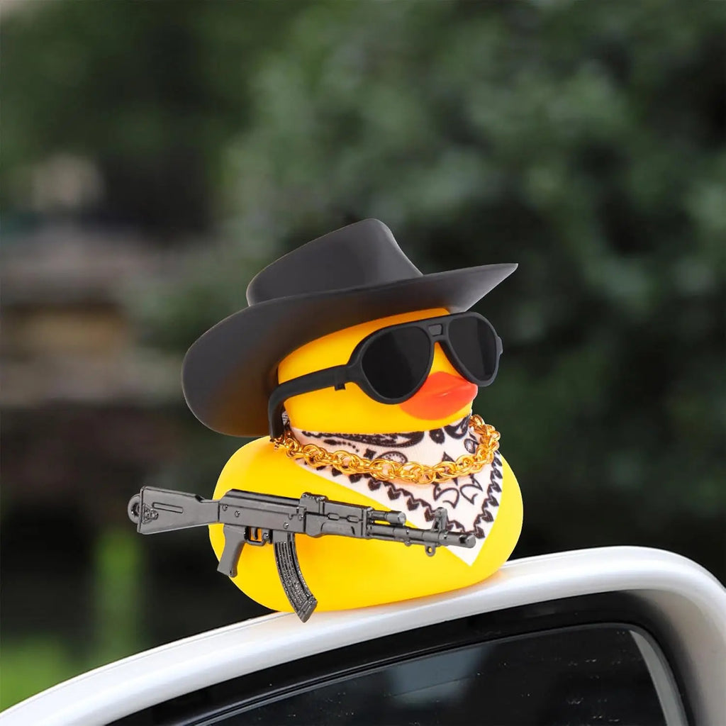Car Rubber Duck Ornament Cool Car Accessories Duck Car Dashboard Decoration Cowboy Hat Duck with Weapon Necklace, AK47 M416