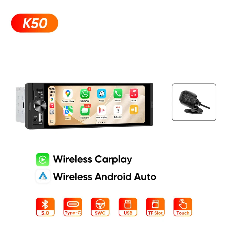Ainavi K40 K50 Universal 1 Din 6.36 inch Car Radio MP5 IPS Touch Screen Wireless HD 1280*480 Carplay Android Auto Car Multimedia Rear Camera MIC USB BT 5.0 Type C Bluetooth phone Bluetooth music