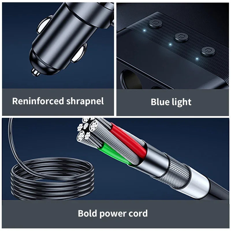 128W 7-in-1 Car Charger Splitter with Switch, PD30W & QC3.0 Fast Charging, Multi-Port Cigarette Lighter Adapter