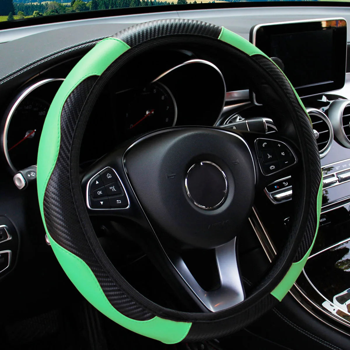 PU carbon fiber leather no inner ring car steering wheel cover is suitable for 14.5 - 15 inch car decoration items.