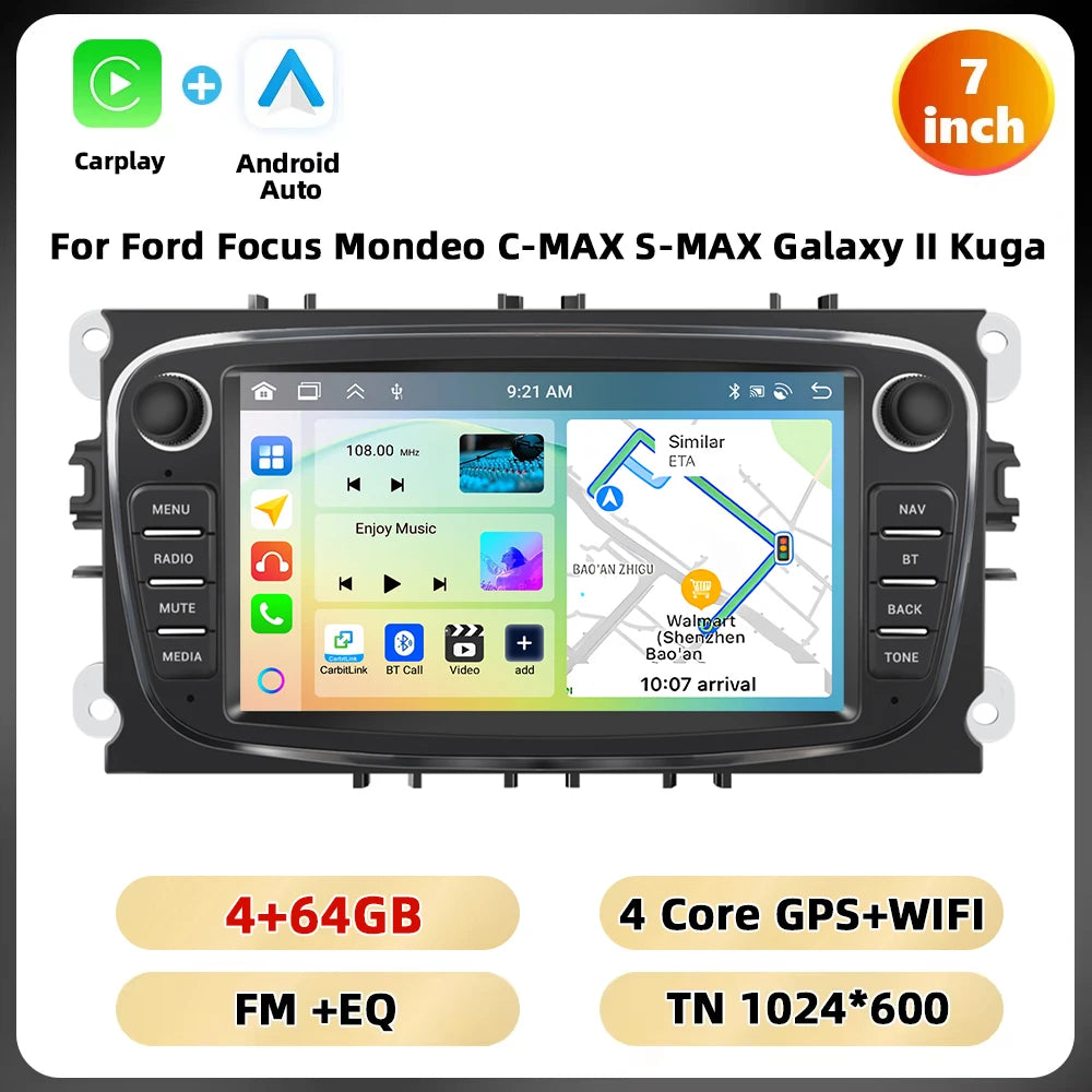 Podofo 7 ''Android Multimedia Player for Ford Focus Mondeo C-MAX S-MAX Galaxy II Kuga GPS Navigation 2 + 64G Carplay Android Auto