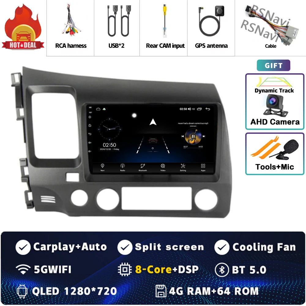 Android 16 For Honda Civic 8 FK FN FD 2005 - 2012 2K QLED Android Car Radio Multimedia Video Player GPS 4G CarPlay Stereo