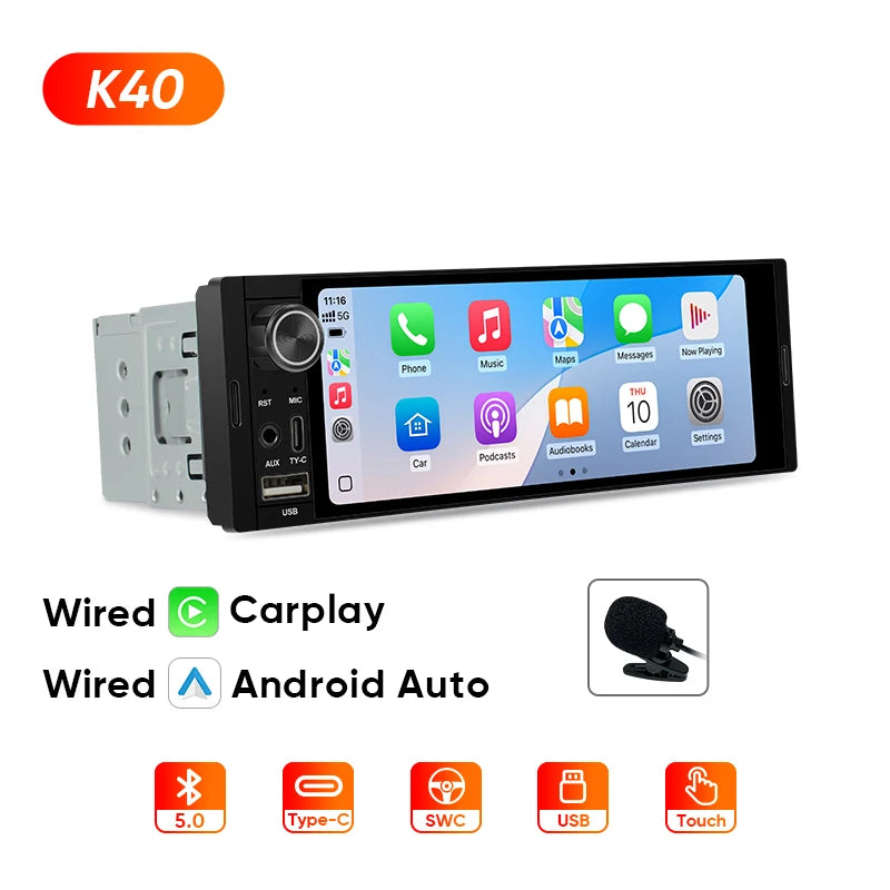 Ainavi K40 K50 Universal 1 Din 6.36 inch Car Radio MP5 IPS Touch Screen Wireless HD 1280*480 Carplay Android Auto Car Multimedia Rear Camera MIC USB BT 5.0 Type C Bluetooth phone Bluetooth music