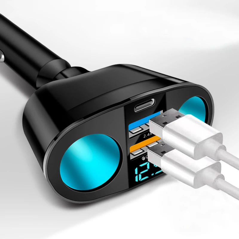 Car Charger 66W Cigarette Lighter Splitter Type C QC3.0 USB Dual Socket Fast Charging Port LED Display 12V 24V Vehicle Adapter