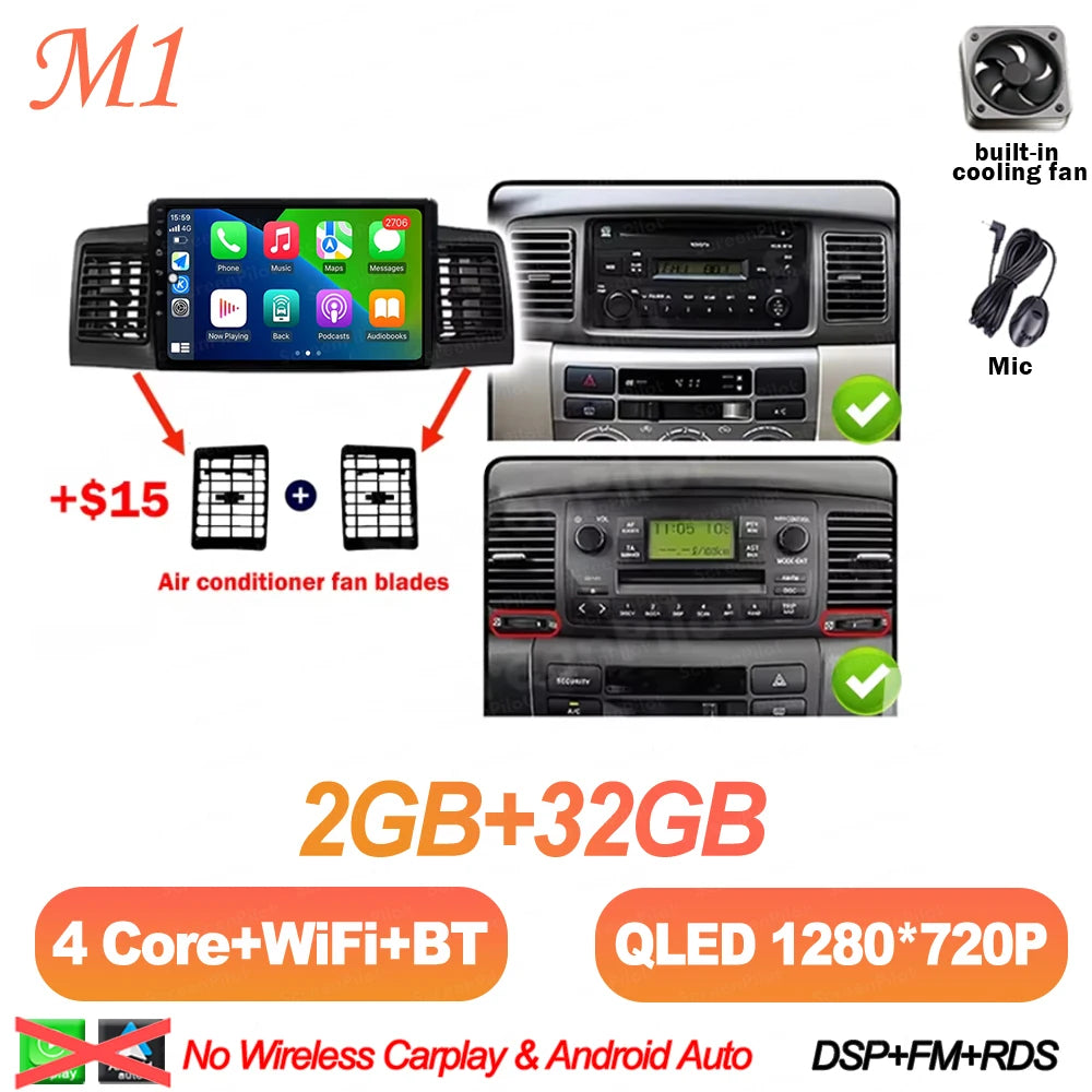 For Toyota Corolla E130 E120 2000-2006 Android 16 Multimedia Video Player  Carplay Touch Screen RDS 8 Core 5G Bluetooth 2din DSP