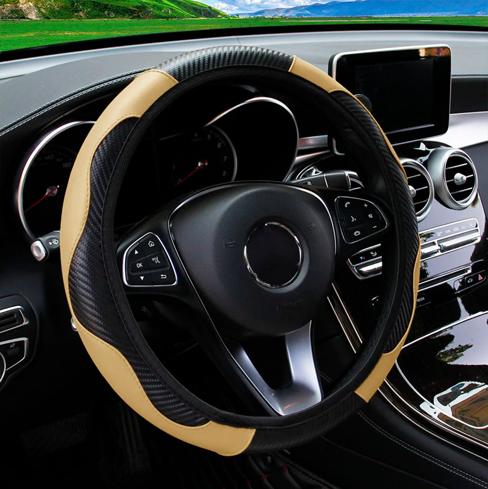 PU carbon fiber leather no inner ring car steering wheel cover is suitable for 14.5 - 15 inch car decoration items.