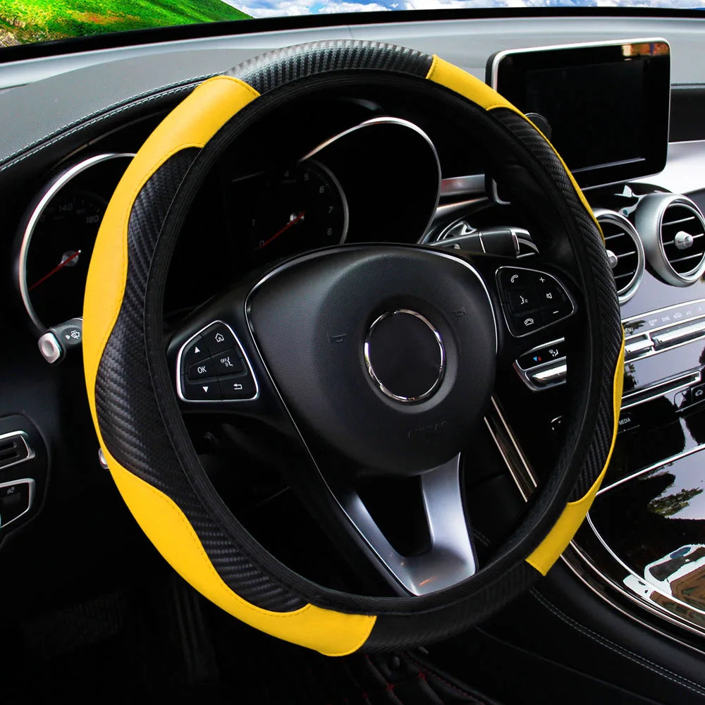 PU carbon fiber leather no inner ring car steering wheel cover is suitable for 14.5 - 15 inch car decoration items.